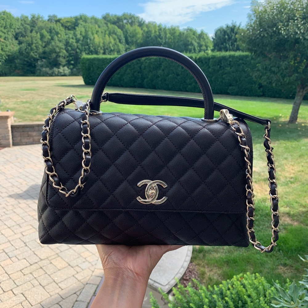 CHANEL Black Quilted Satchel with Gold Accents